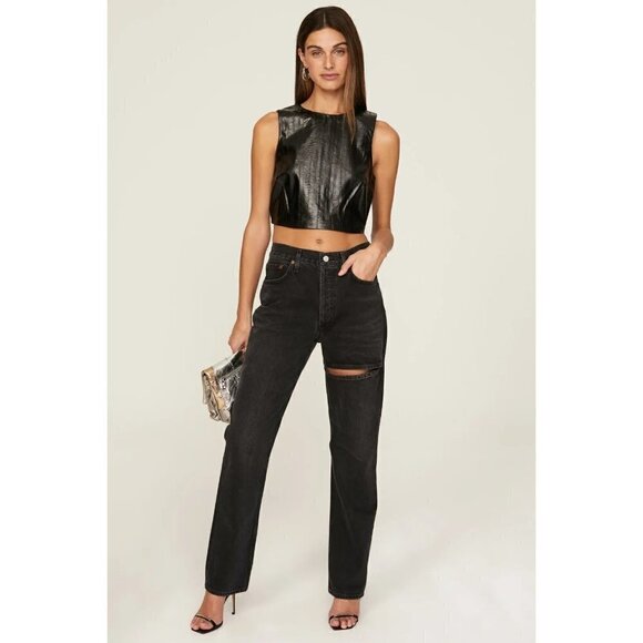 Good American Better Than Leather Faux Leather Top Black Womens Size 0 XS - Picture 2 of 11